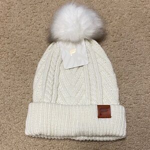 Fabletics Cream Knit Beanie with Fluffy Pom Pom